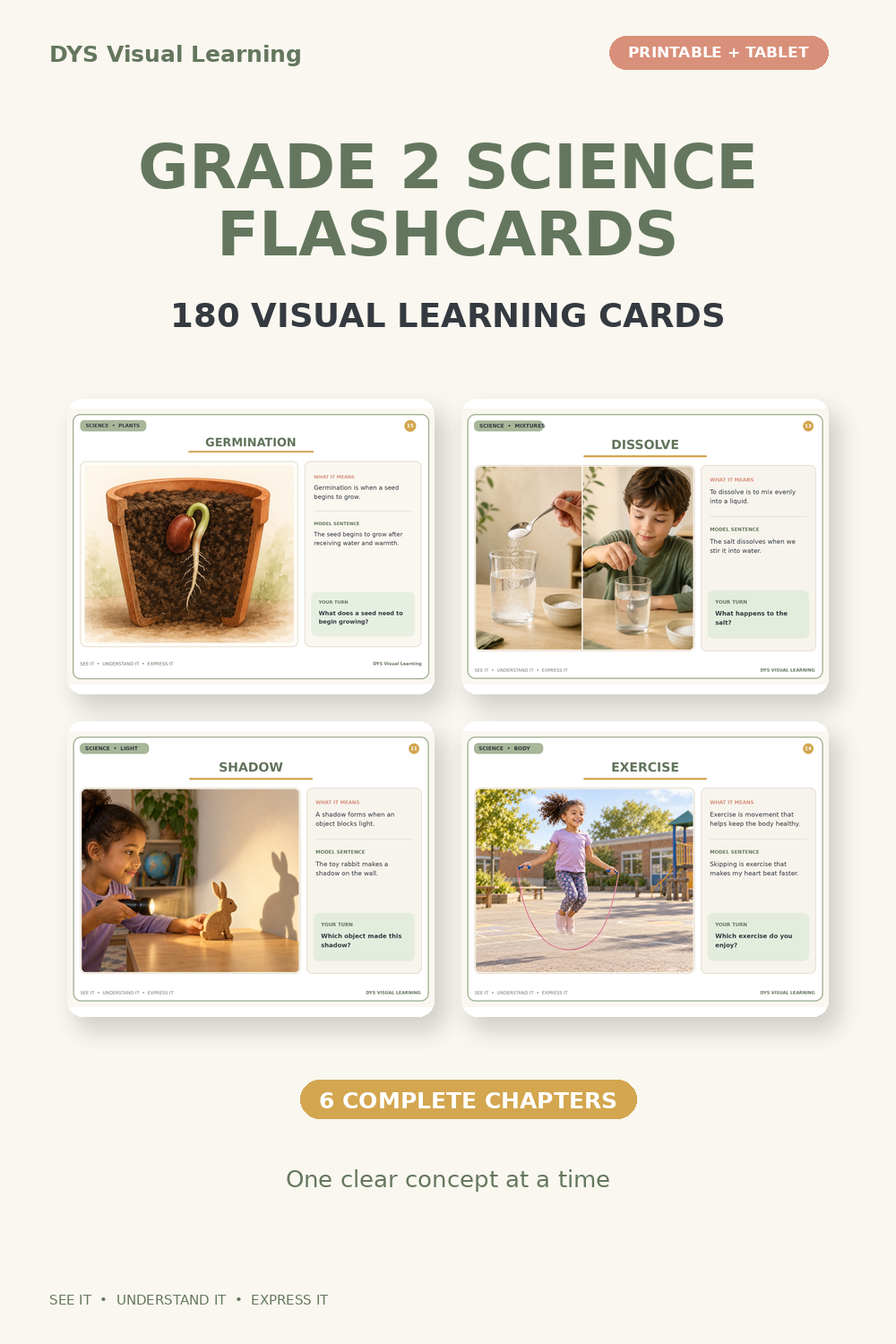 Grade 2 Science Flashcards Bundle | 180 Printable Visual Learning Cards | Tablet , A4 US Letter Sizes