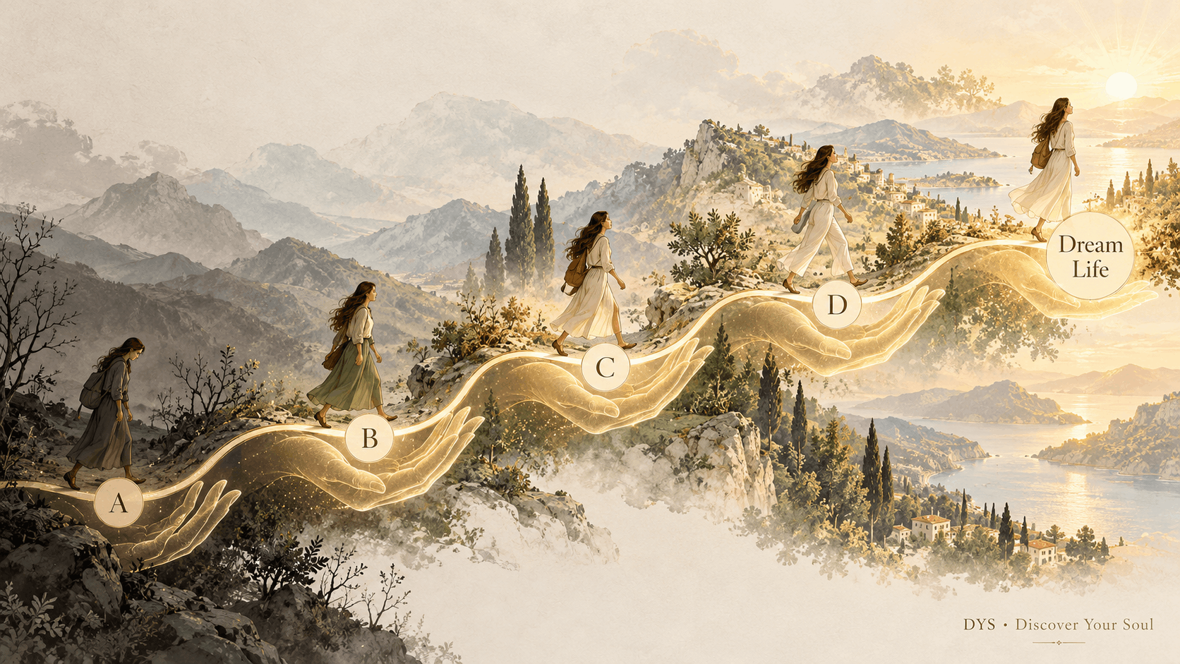 A scenic fantasy-style illustration of four women walking along a glowing golden path winding through misty mountains and water, with labeled stages A, B, C, D and the text 'Dream Life' and 'DYS - Discover Your Soul'.