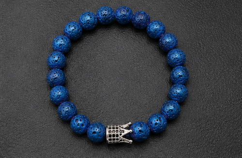 Blue Lava Stone Crown Bracelet for Men & Women | Stretch Beaded Bracelet | Volcanic Stone Healing Jewelry | Royal Crown Charm Wristband