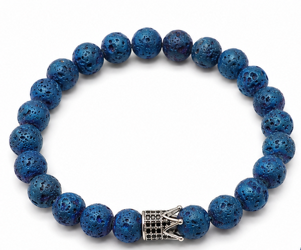 Blue Lava Stone Crown Bracelet for Men & Women | Stretch Beaded Bracelet | Volcanic Stone Healing Jewelry | Royal Crown Charm Wristband